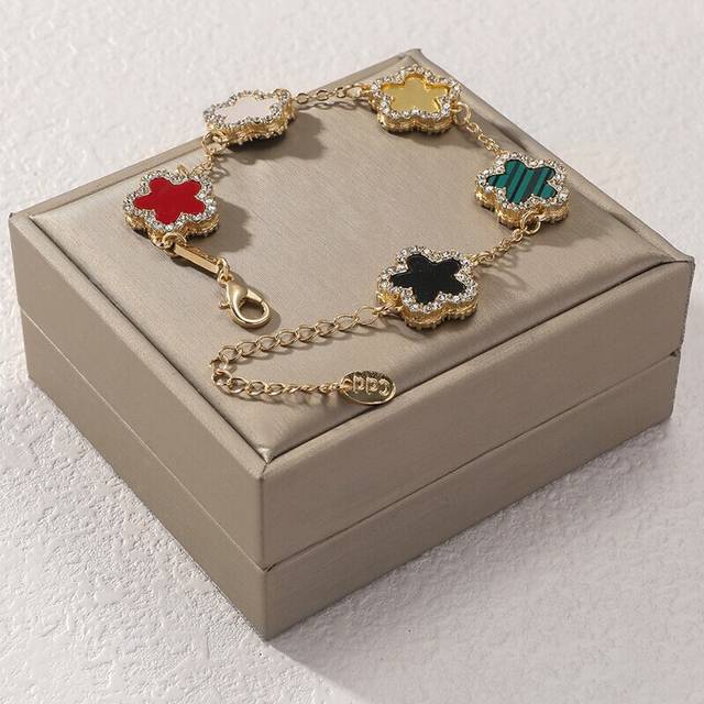 (Gold Color) Flower Shape Bracelet Multi Colored With Shiny Cubic Zircon Adjustable Chain Sweet Style
