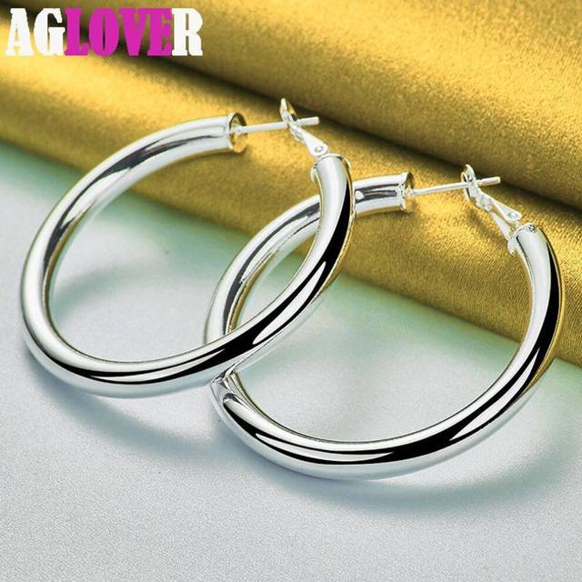 925 Sterling Silver 50mm Round Smooth Big Circle Hoop Earrings Jewelry