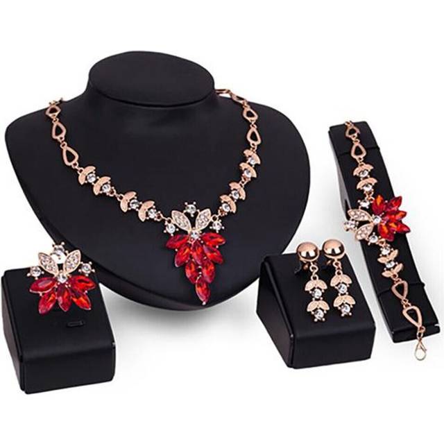 (red) 4pcs Jewelry Set Flower Design Birthday Gift Durable Necklace Earrings Bracelet Ring Jewelry Set For Wedding - Red