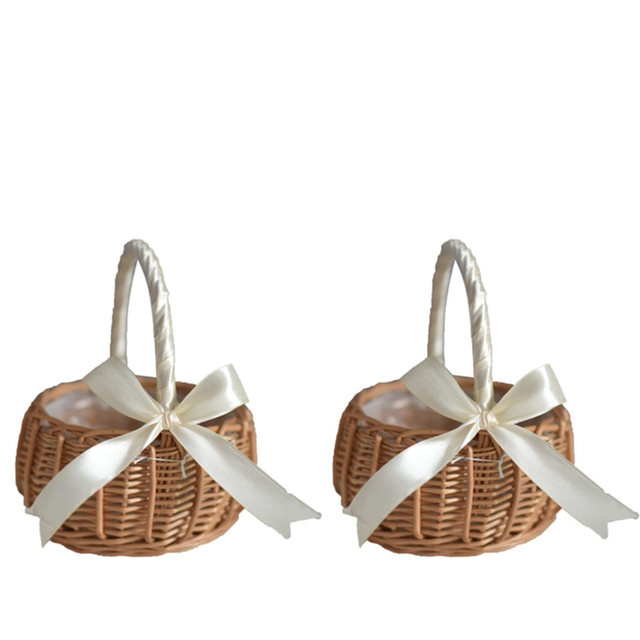 2Pcs Woven Flower Basket Rattan Storage Girl Hand Handmade with Bow,Small