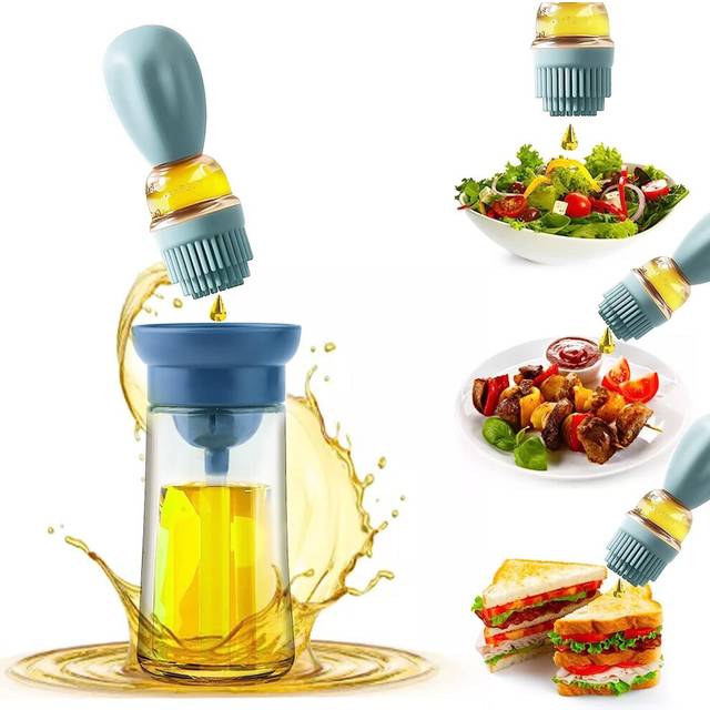 Oil Dispenser Bottle, 2 in 1 Glass Olive Oil Dispenser Dropper Bottle Cooking Oil Dispenser Container Bottle for Cooking, Barbecuing (S-BLUE)