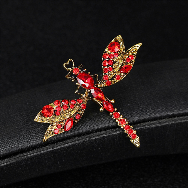 Dragonfly Pin Vintage Rhinestone Brooch for Women Gift Red