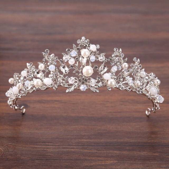 5cm Tall Flower Crystal Beads Pearl Wedding Queen Princess Prom Tiara Crown