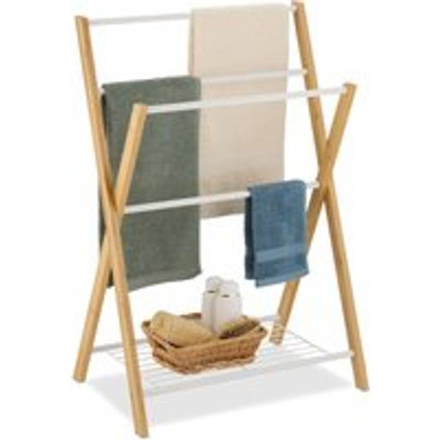 Towel Rack, with 4 Rails and Shelf, 87 x 60.5 x 37.5 cm, Bathroom & Shower Airer, Bamboo & Iron, Natural/White - Relaxdays