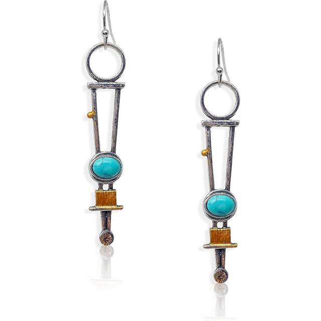 (As show, One size) Handmade Retro Bohemian Geometry Long Earrings circle with triangle Links Turquoise Silver Dangle Drop Earrings for Women Girls Je