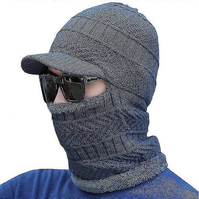 (Gray, One size) Men Winter Balaclava Thermal Fleece Beanie Hat Knitted Neck Warmer Cap -NMAOV