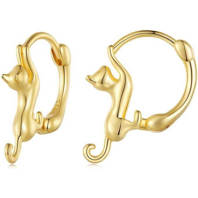 (gold) Wostu Real 925 Sterling Silver Black Cute Cat Stud Earrings For Women Fine Jewelry Party Gift Rose Gold Animal Hoop Aretes