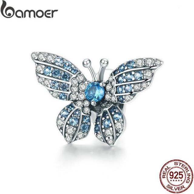 (BSC061) Bamoer 100% 925 Sterling Silver Crystal Blue Zircon Butterfly Beads Fit Charm Bracelets