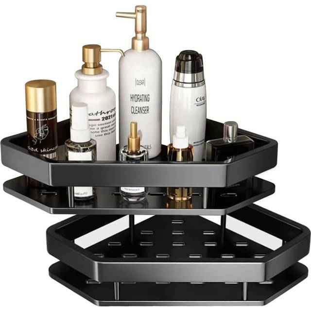 Shower Shelf Without Drilling, Bathroom Shelf, Aluminum Shower Storage with 2 Hooks, with Towel Holder Self-Adhesive Shower Shelf, (Black)