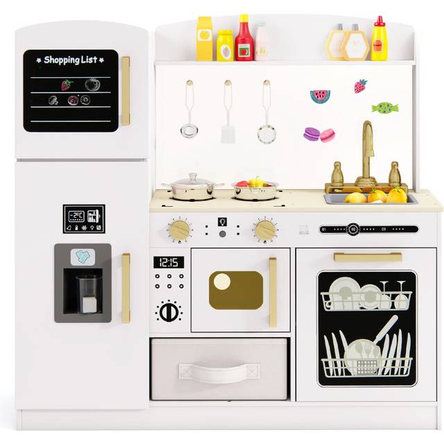 Wooden Kitchen Playset Kids Pretend Play Kitchen With Chalkboard-White