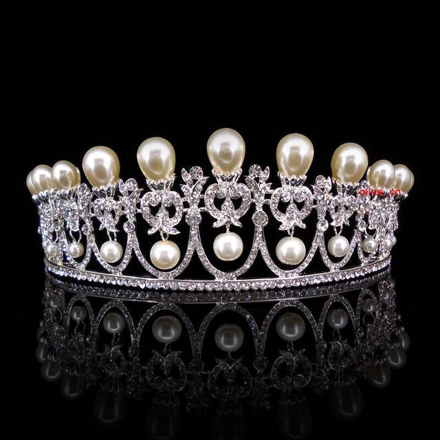 5.5cm Tall Dangle Big Pearl Crystal Wedding Bridal Queen Princess Prom Tiara