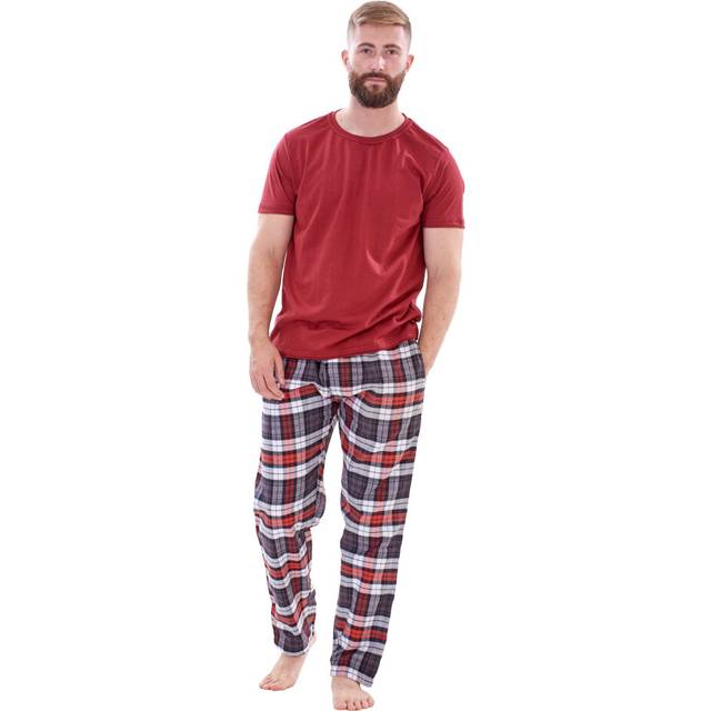 (Burgundy, XXL) Malay Mens Flannel Pyjama Set Brushed Cotton Check Jersey Top Loungewear Lightweight