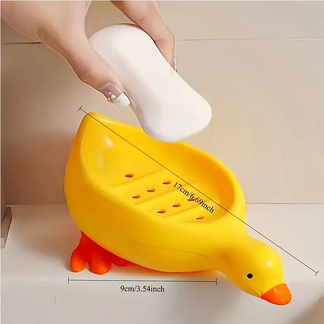 (Yellow) Charming Duck-Shaped Soap Dish with Self-Draining Feature - Oval Tray, White with Yellow Accents