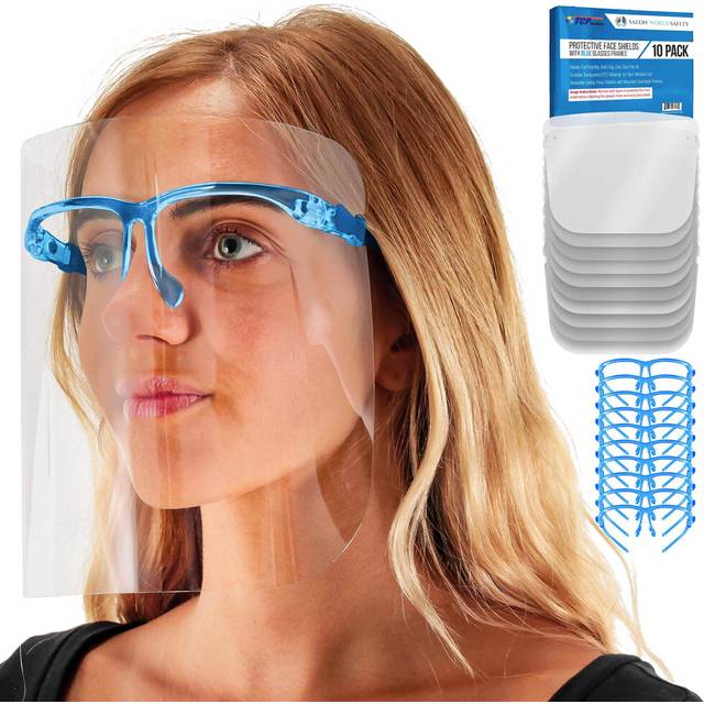 TCP Global Salon World Safety Face Shields with Blue Glasses Frames (Pack of 10) - Ultra Clear Protective Full Face Shields to Protect Eyes  Nose  Mou