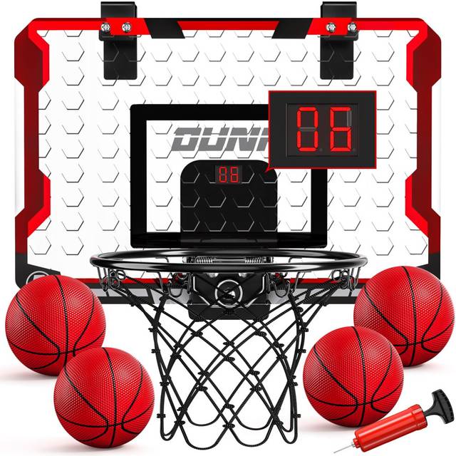 TEMI Basketball Hoop Indoor, Mini Basketball Hoop with 4 Balls & Electronic Scoreboard, Over the Door Basketball Hoop, Basketball Toys for Boys Girls
