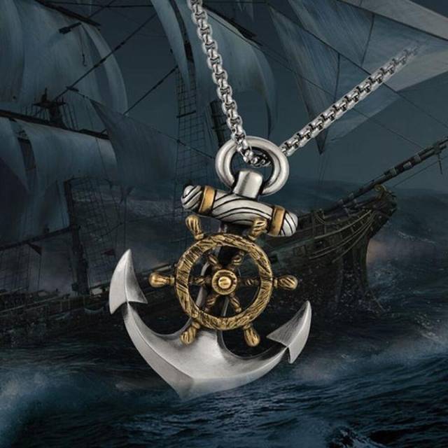 (silver) Men's Personality Creative Pirate Ship Anchor Pendant Gift Casual Retro Necklace Jewelry - Silver