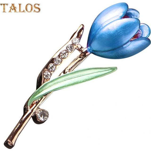 (blue) Fashion Lady Tulip Brooch Crystal Stone Decor Flower Pin Elegant Suit Breastpin Decoration - Blue