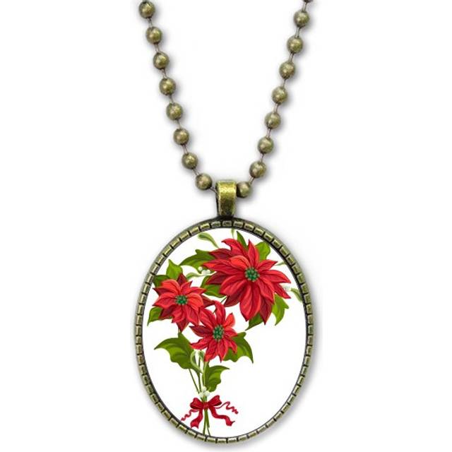 mas Flower Poinsettia Bouquet Red Necklace Vintage Chain Bead Pendant Jewelry Collection