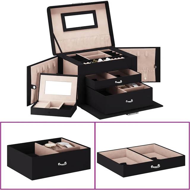 vidaXL Jewellery Box 3-Layer with Mirror Lockable Black 26x18x17.5 cm