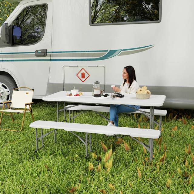 Outsunny - 3 Piece Folding Picnic Table and Bench Set with Handles, White