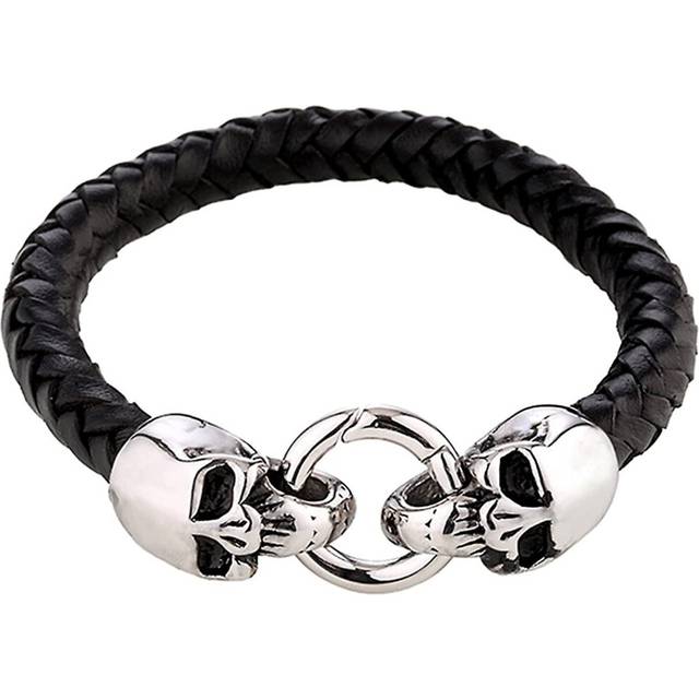 DonDon Men's Bracelet Braided Leather with Stainless Steel Skull Heads Clasp