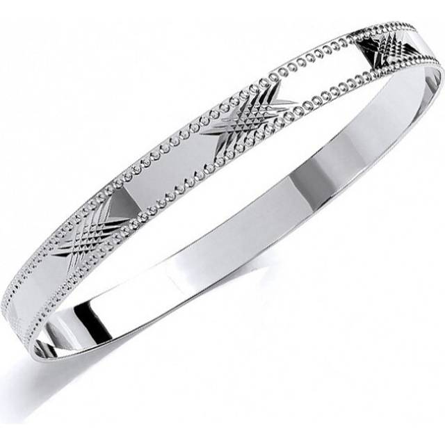 Jewelco London Kids Sterling Silver Bead Edge Diamond-cut Engraved Criss Cross Slave Baby Bracelet 7mm 55mm - BN77-55MM
