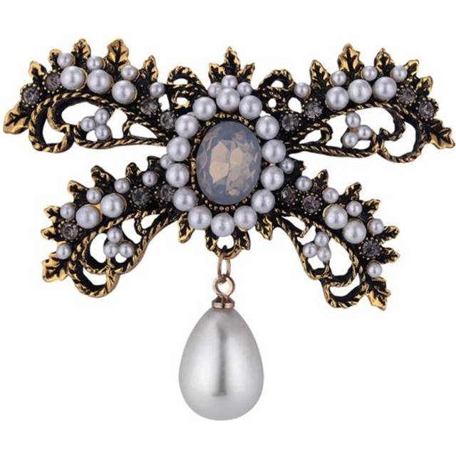 (golden) Vintage Bowknot Rhinestone Faux Pearl Pendant Brooch Pin Women Party Gown Badge - White