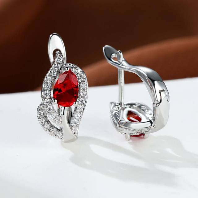 (silver,red) Exquisite Womens Waterdrop Jewelry Pretty Red Blue Purple Stone Earrings Hoop Earrings Romantic Valentine&apos;s Day Gift