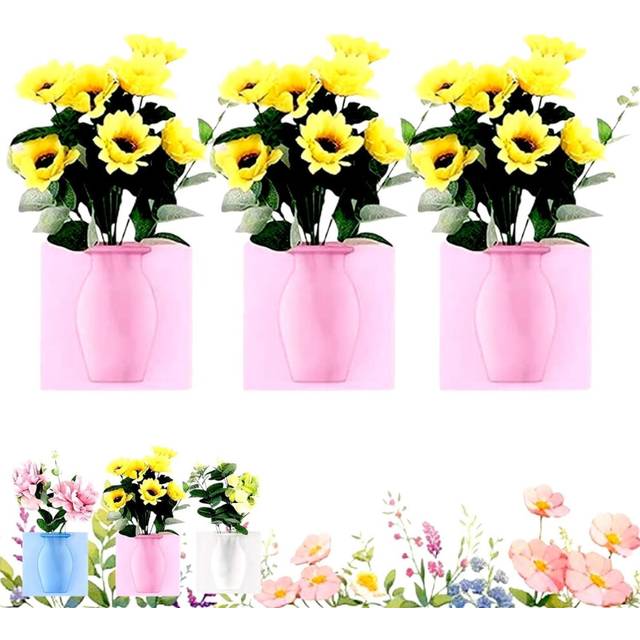 (Pink) 3Pcs Magic Silicone Vase, Magic Silicone Vase for Window, Self-Adhesive Reusable Hanging Flower Vase for Home, Office,Event Decor