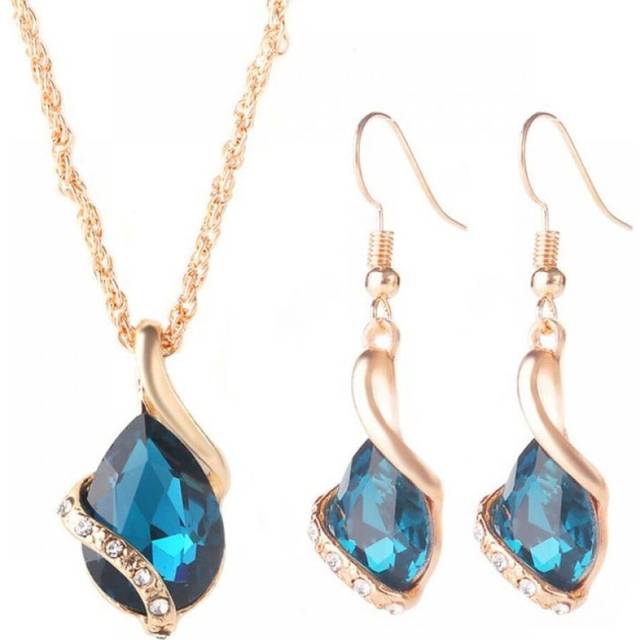 (sapphire blue) Chic Style Ladies Rhinestone Choker Chain Necklace Drop Earrings Jewelry Set - Blue