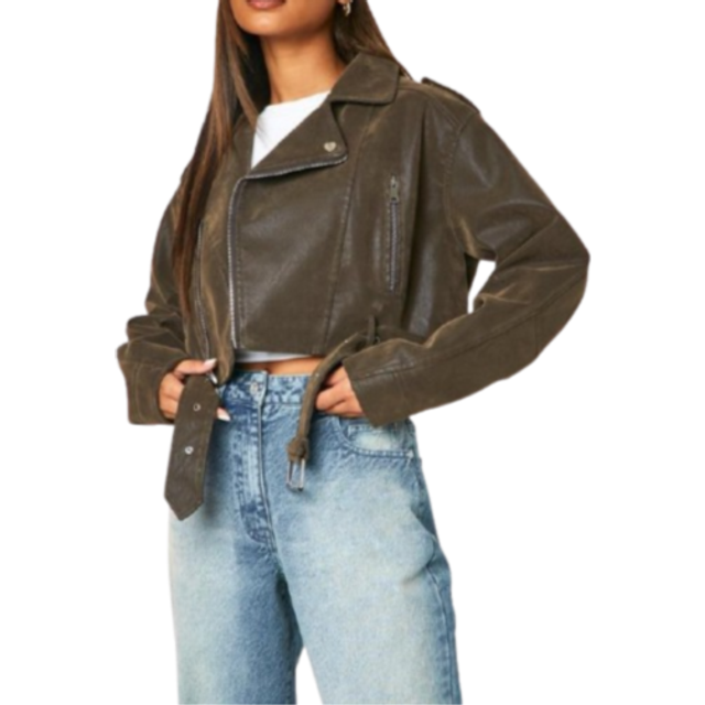 Womens Vintage Look Crop Biker Jacket - Brown - 14, Brown