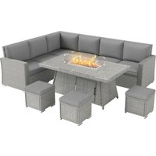 Outsunny 7 Pieces PE Rattan Garden Furniture Set, 50,000 BTU Gas Fire Pit Table, Double Corner Sofa and 3 Footstools for Conservatory, Grey