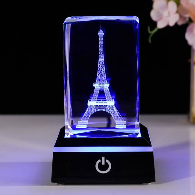 (Eiffel Tower) 3D Crystal Engrave Virgin Mary Figurine Statue with LED Base Catholic Gifts for Friend Women Religious Presents Ornament for Home