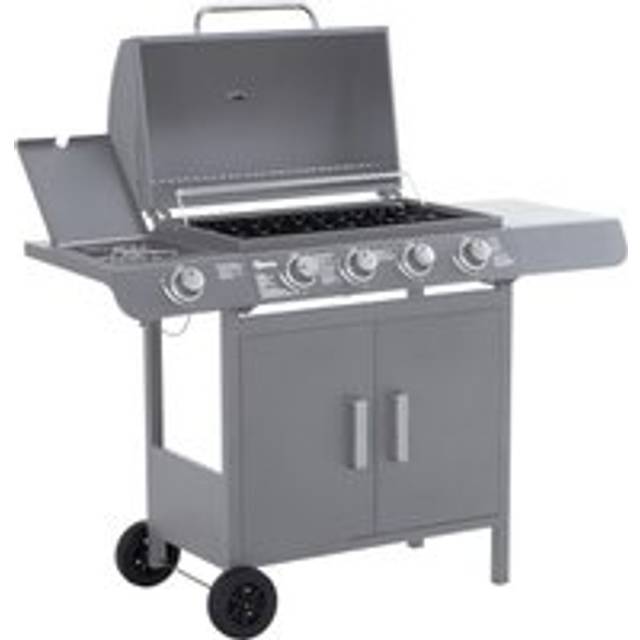Outsunny 4+1 Burner Gas BBQ Grill, Outdoor Barbecue Trolley with Wheels, Warming Rack, Side Shelves, Cabinet, Thermometer for Garden, Party, Camping,