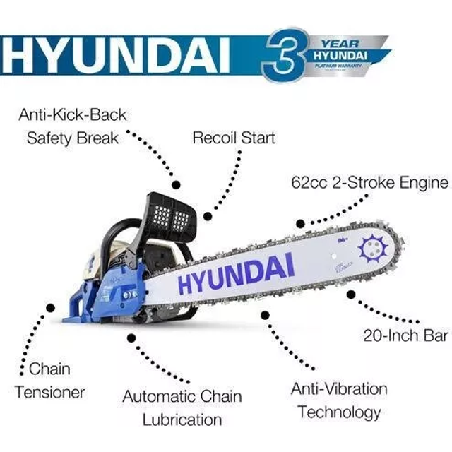 "Hyundai Petrol Chainsaw 20"" 50 cm Bar 62cc 2-Stroke Easystart HYC6200X"