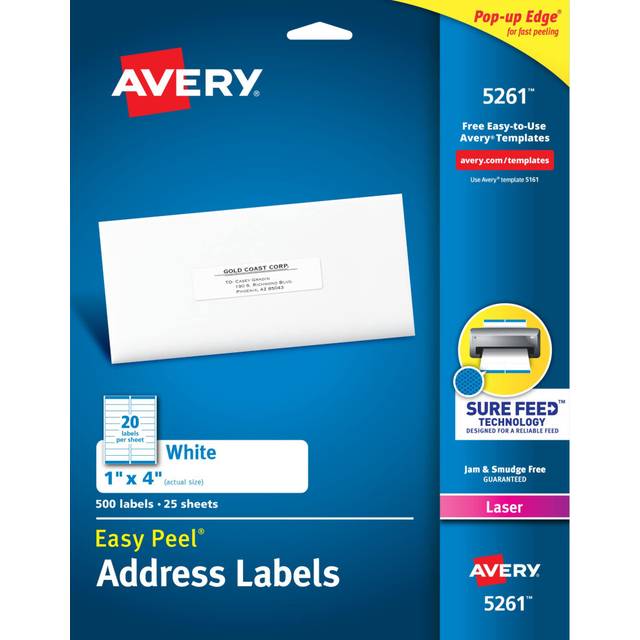 "Avery Easy Peel Printable Address Labels with Sure Feed  1"""""""" x 4""""""""  White  500 Blank Mailing Labels (05261)"