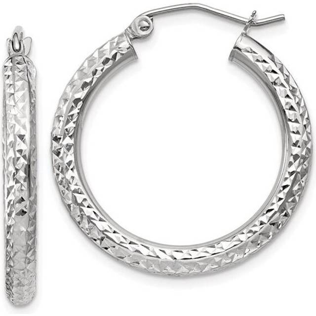 14K White Gold Diamond-Cut 3 mm Round Hoop Earrings