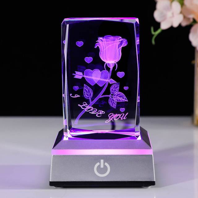 (Rose Flower) 3D Crystal Engrave Virgin Mary Figurine Statue with LED Base Catholic Gifts for Friend Women Religious Presents Ornament for Home