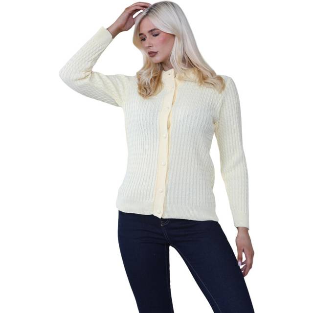 (Lemon, L/XL) Malay Ladies Cable Knit Cardigan Long Sleeve Round Neck Buttons Regular Jumpers Tops