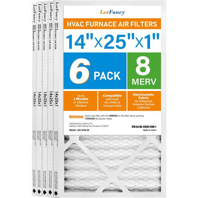 "LotFancy 14x25x1 Air Filter  6 Pack MERV 8 Pleated Furnace Air Filters Replacement for HVAC (Actual Size: 13.75""""""""x24.75""""""""x0.75"""""""")"