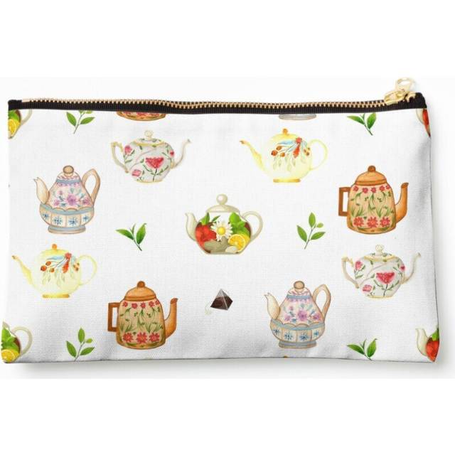 Makeup Bag Flower Teapots and Green Tea Leaves Cosmetic Organizer Tyvek Paper Bags Zipper Pouch