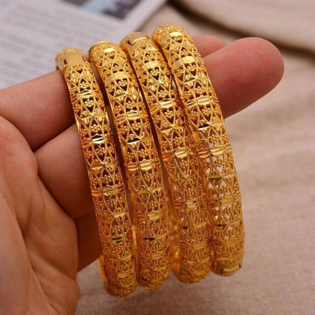 (as the picture) 24k 4pcs/lot Dubai Wedding Bangles For Women Man Ethiopian Jewelry Gold Color Africa Bracelets Women Arab Birthday Jewelry Gifts