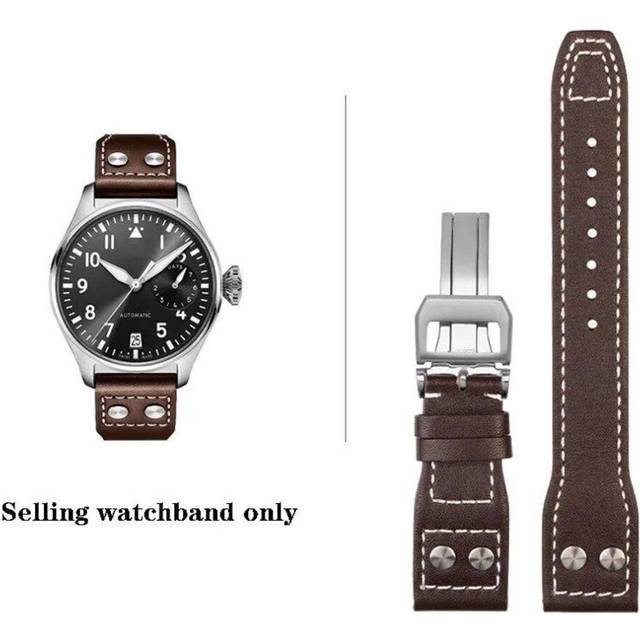 (Brown-silver  21mm) High Quality Genuine Leather Rivets Watchband 21mm 22mm Fit For Iwc Big Pilot Spitfire Top Gun Brown Blue Cowhide Watch Straps