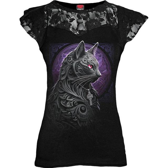 (L, Black) Spiral Direct Womens/Ladies Celtic Whiskers Lace Overlay T-Shirt