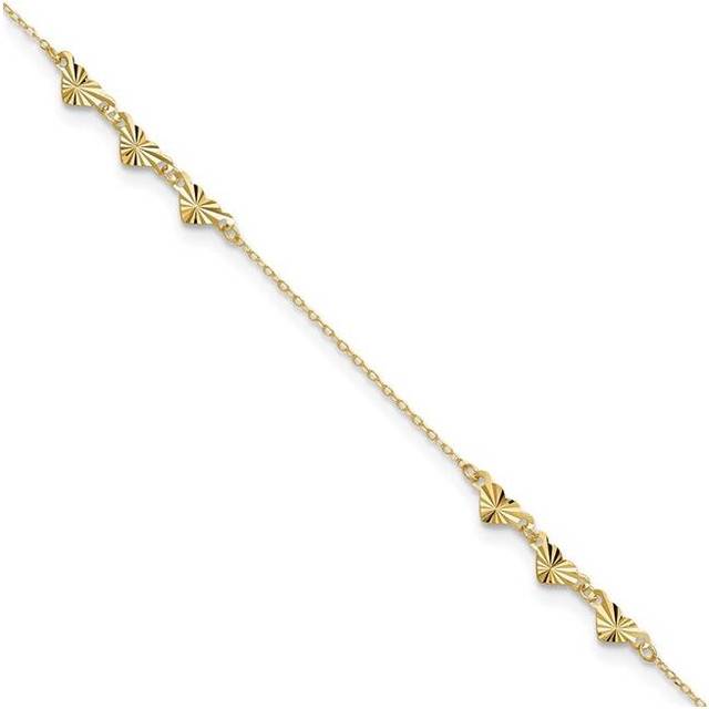 14K Yellow Gold Diamond-Cut Hearts 9 in. Plus 1 in. Extension Anklet