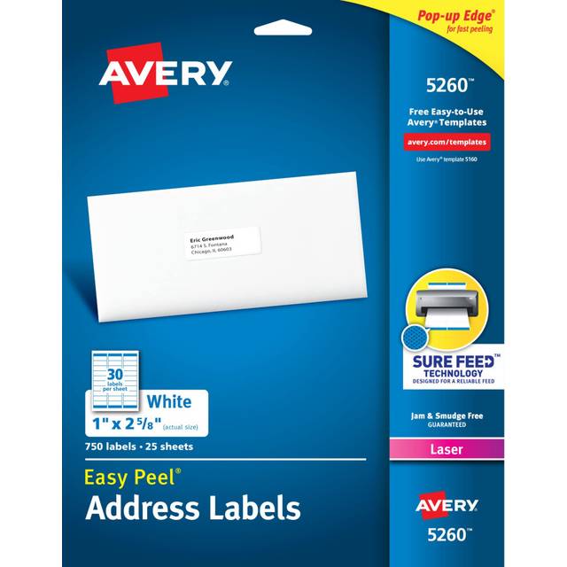 Avery Easy Peel Printable Address Labels with Sure Feed  1 x 2-5/8  White  750 Blank Mailing Labels (05260)