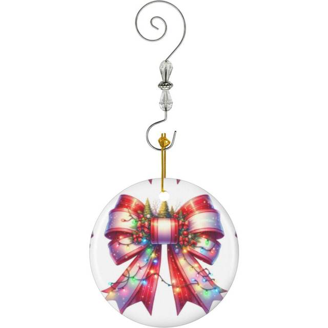 (Luxury Coquette Christmas Bow Art ? Red White Holiday Design Fors, Mugs,s More_2364) Christmas Ornaments Ceramic with Crystal Hook Xmas Handmade Tree
