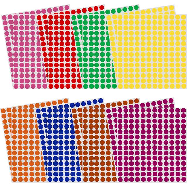 Colored Labels   inch 8mm (5/16) - 2880 Pack  Dot Stickers in Green  Yellow  Pink  Purple  Orange  Brown  Blue and Red -