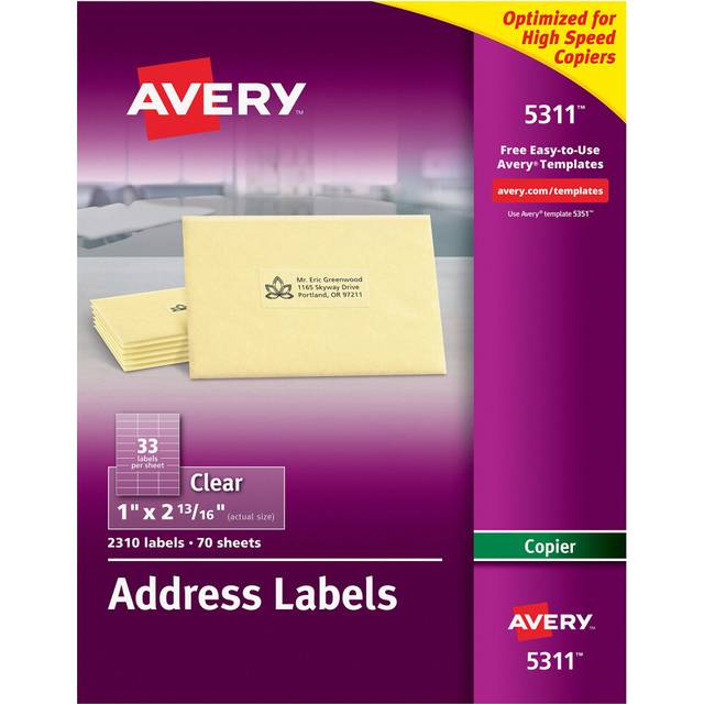 "Avery Address Labels for Copiers  1"""""""" x 2-13/16""""""""  2 310 Matte Frosted Clear Labels (5311)"