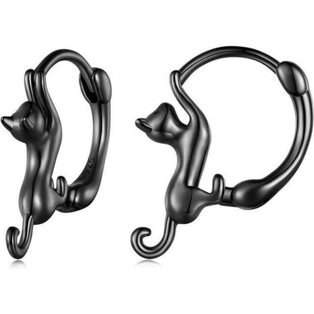 (black) Wostu Real 925 Sterling Silver Black Cute Cat Stud Earrings For Women Fine Jewelry Party Gift Rose Gold Animal Hoop Aretes